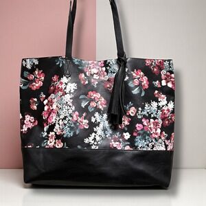 Floral Faux Leather Large Tote Bag Black Pink Botanical Tassel Shoulder Bag